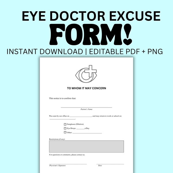 Eye Doctor Optometry Note Excuse for School PDF Template Eye Excuse Instant Download Editable PDF Office Template Vision Excuse for Work