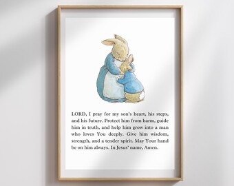 Arte de pared con oración por mi hijo, regalo para hijo, lámina para guardería, lámina cristiana, conejos de acuarela
