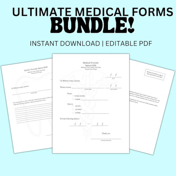 Custom Doctor's Note Excuse PDF Template Set of 9 Bundle, Doctor's Excuse Instant Download Editable PDF Template for Work and School Set