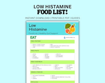 Tabla de alimentos bajos en histamina, lista imprimible de alimentos para la intolerancia a la histamina / Guía alimentaria, póster de nutrición, guía dietética, descarga digital instantánea