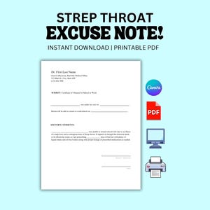 Strep Throat Medical Absence Authorization PDF Template Fake Doctor's Excuse Note Instant Download Editable Custom PDF for Work or School
