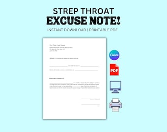 Plantilla PDF de autorización de ausencia médica por faringitis estreptocócica. Nota médica falsa. Descarga instantánea. PDF editable y personalizado para el trabajo o la escuela.