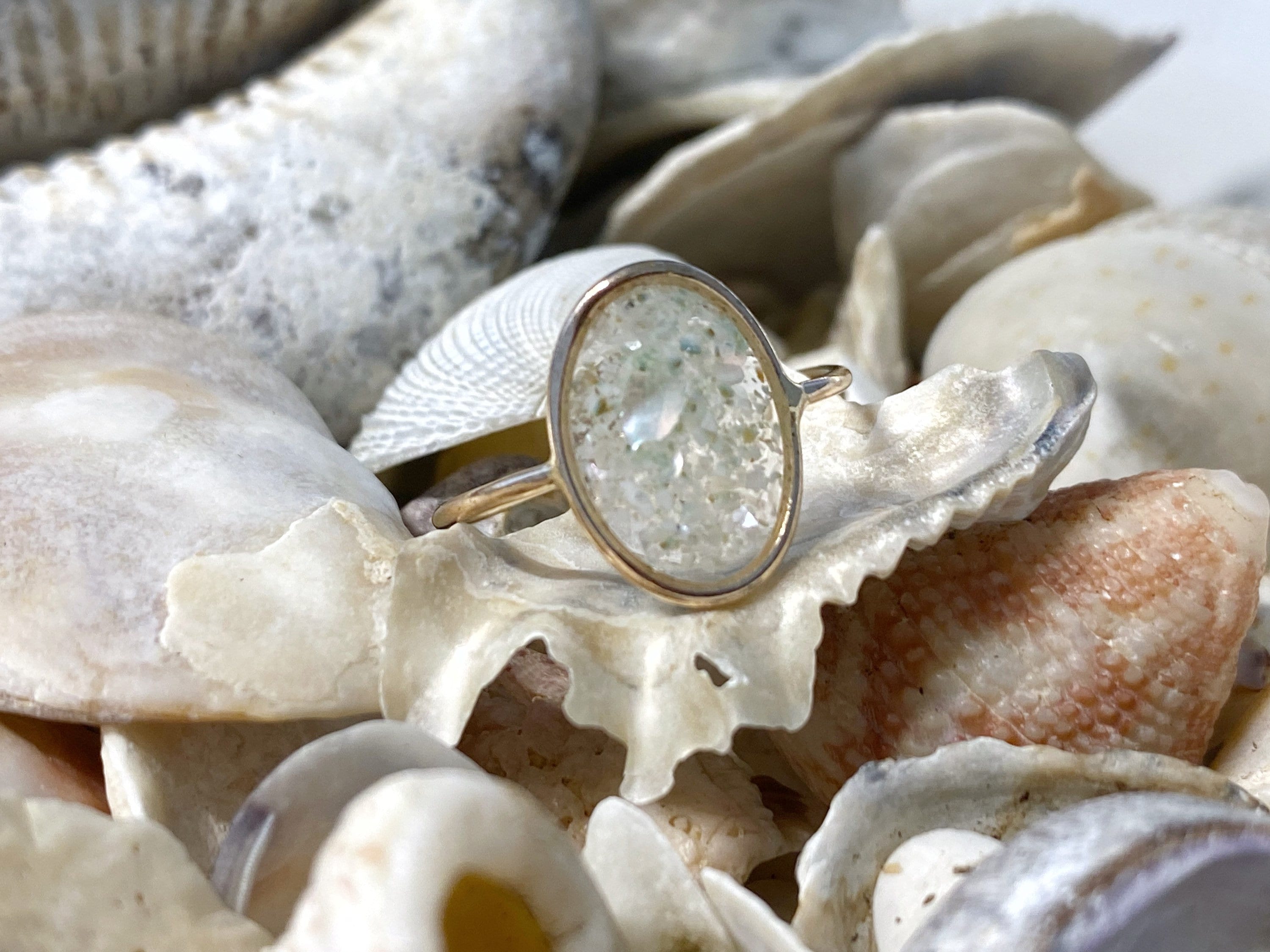 Hawaiian Shell Resin Ring, 14K Gold Filled Oval, Beach Shell