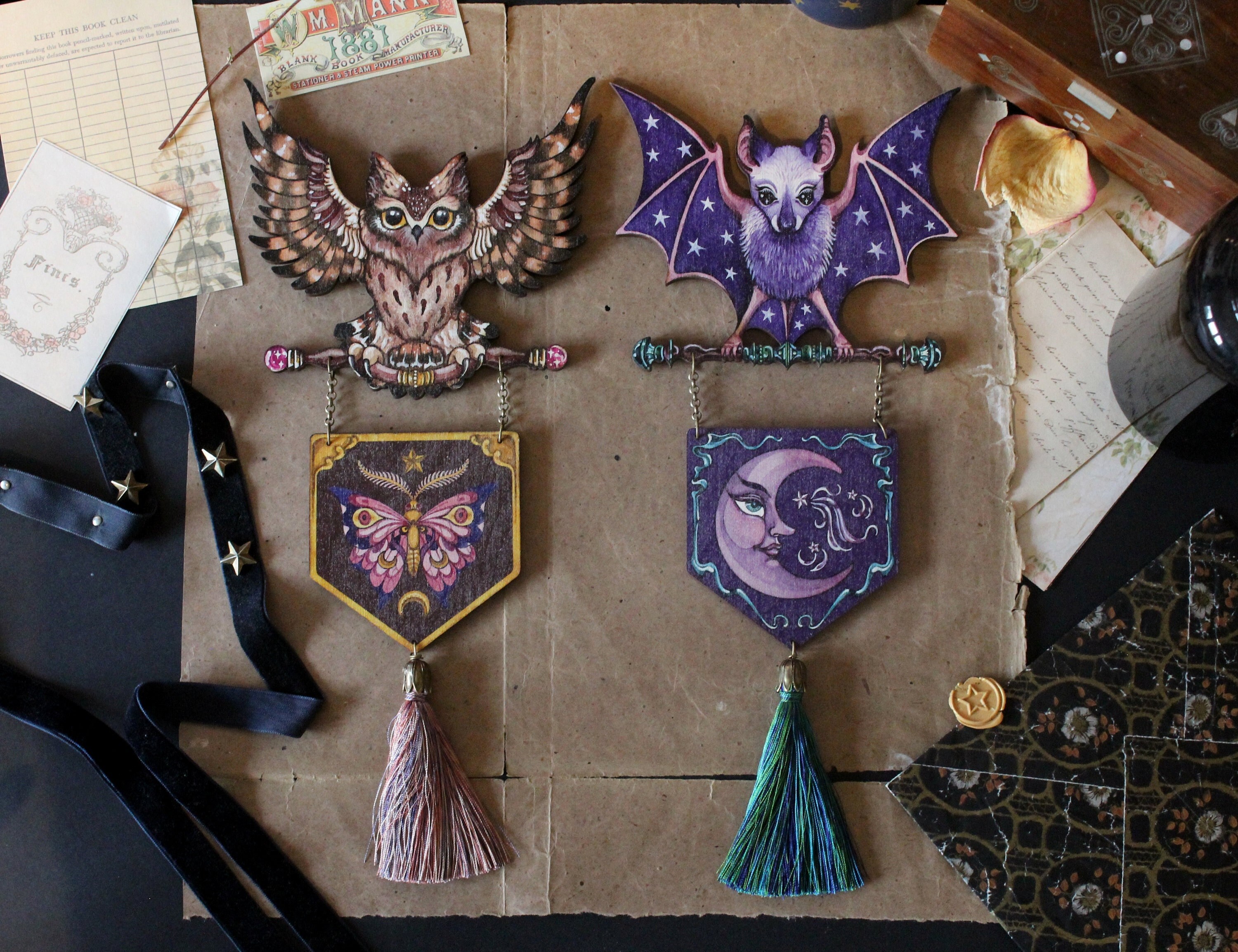 Accrochage Mural en Bois Sorcier - Chauve-Souris et Hibou