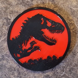 Jurassic Park Inspired Tyrannosaurus Rex Dinosaur Sign / Plaque Dual Red / Black Color image 1