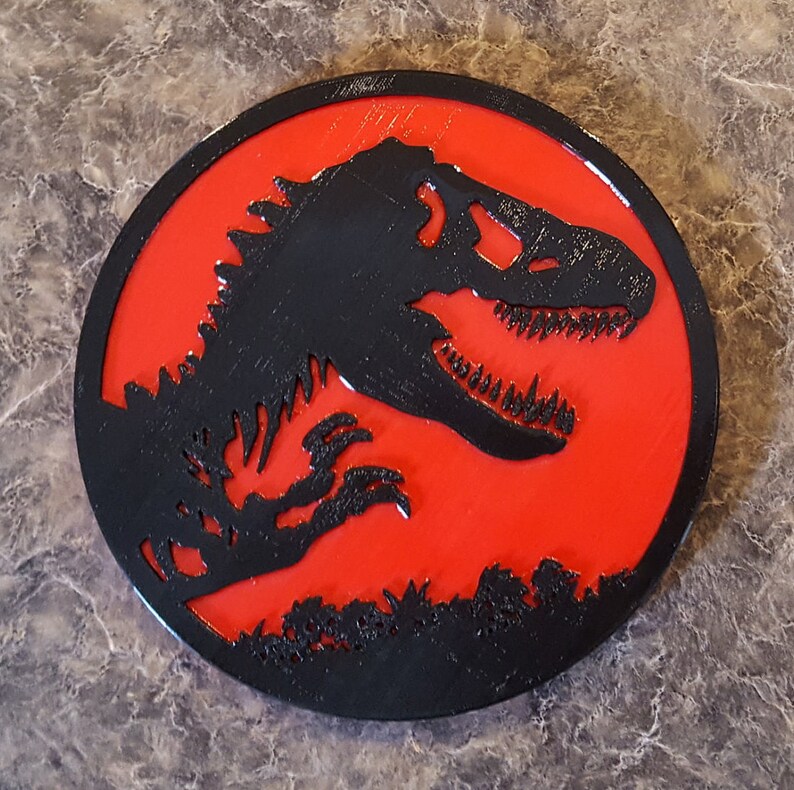 Jurassic Park Inspired Tyrannosaurus Rex Dinosaur Sign / Plaque Dual Red / Black Color image 1