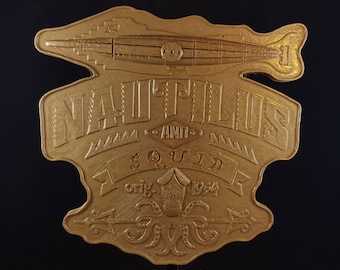 20,000 Leagues Under The Sea Ride Inspired Sign / Plaque - Hammered Gold Coloring ( Vintage Disney World Inspired Prop Replica )