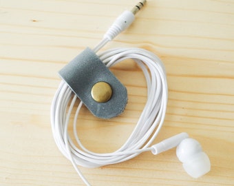 Cord Clip in Grey > Solid Brass Snap > Full Grain Leather > Cord Keeper > Cord Organiser > Antique Brass Snap > Ear Bud Organiser