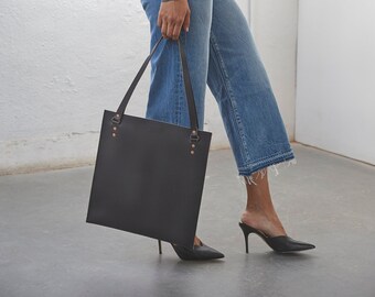 DITC Tote in Black > Vegetable Tanned Leather > English Bridle Leather > Laptop Bag > Square Tote > Veg Tan Bag > Black Leather Tote