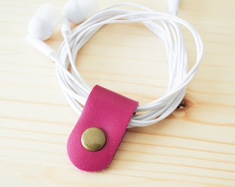 Cord Clip in Pink > Solid Brass Snap > Full Grain Leather > Cord Keeper > Cord Organiser > Antique Brass Snap > Ear Bud Organiser