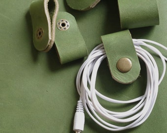 Cord Clip in Moss > Italian Nubuck > Full Grain Leather >Solid Brass Snap > Cord Keeper > Cord Organiser > Ear Bud Organiser > Cable Wrap