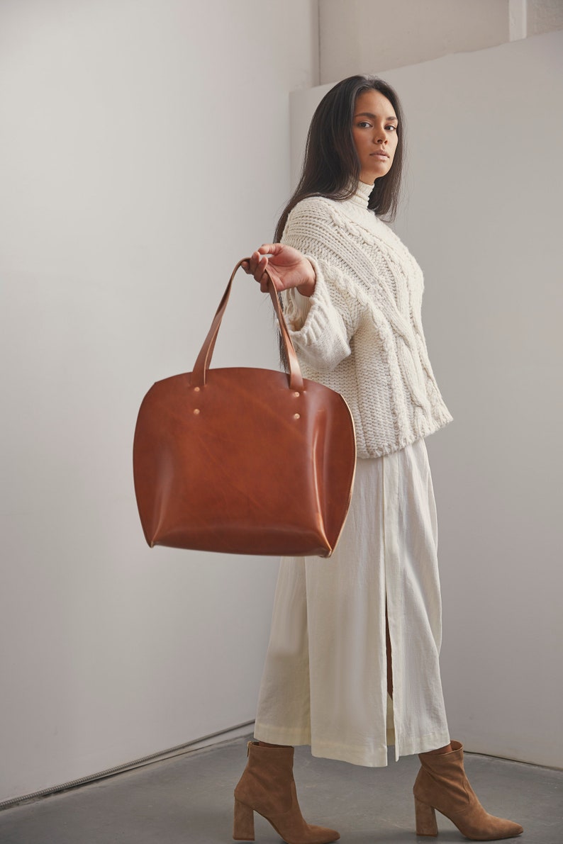 Large Signature Bag In Brown Leather Tote Vegetable Tanned Leather Tote Traditional Harness Tote Hand Stitched Leather Bag Copper image 6