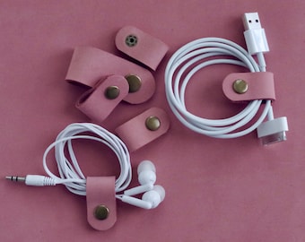 Cord Clip in Rose > Italian Nubuck > Full Grain Leather > Solid Brass Snap > Cord Keeper > Cord Organiser > Ear Bud Organiser > Cable Wrap