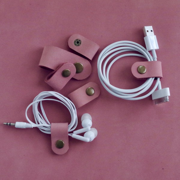 Cord Clip in Rose > Italian Nubuck > Full Grain Leather > Solid Brass Snap > Cord Keeper > Cord Organiser > Ear Bud Organiser > Cable Wrap