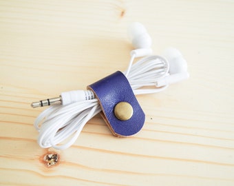 Cord Clip in Purple > Solid Brass Snap > Full Grain Leather > Cord Keeper > Cord Organiser > Antique Brass Snap > Ear Bud Organiser