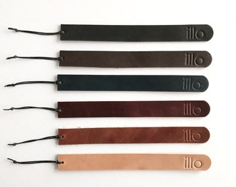 Personalized Leather Bookmark > Vegetable Tanned Leather > Black Tiger Thread > Black, Brown, Tan, Russet Bookmark > Hand Stamped