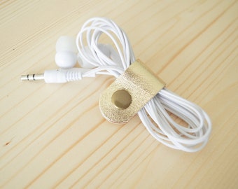 Cord Clip in Gold > Solid Brass Snap > Full Grain Leather > Cord Keeper > Cord Organiser > Antique Brass Snap > Ear Bud Organiser