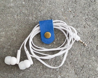 Cord Clip in Blue > Solid Brass Snap > Full Grain Leather > Cord Keeper > Cord Organiser > Antique Brass Snap > Ear Bud Organiser