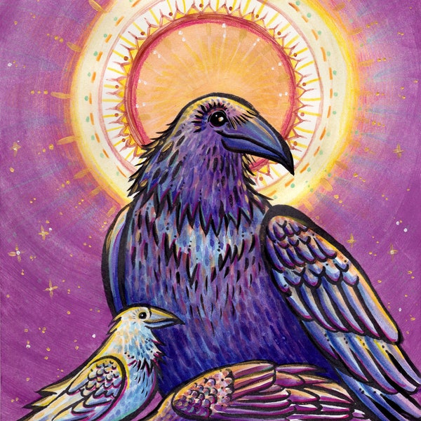 Spirit Ravens/ Spirit Animal/ Raven & Sun/ Fine Art Print/ Wall Art/ Bedroom Decor/ 5x7/ 8x10