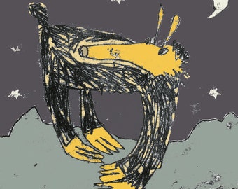 Yellow animal print, wacky animal, funky animal, strange creature, yellow paws, hairy animal, moon & stars, animal art, children's art,