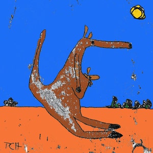May include: A cartoon illustration of a brown kangaroo with a joey in its pouch. The kangaroo is standing on a bright orange surface with a blue sky and a yellow sun in the background.