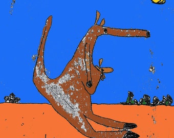 Kangaroo print, kangaroo art, joey, marsupial, red kangaroo, hopping kangaroo, desert art, wildlife art, australian outback,cartoon kangaroo