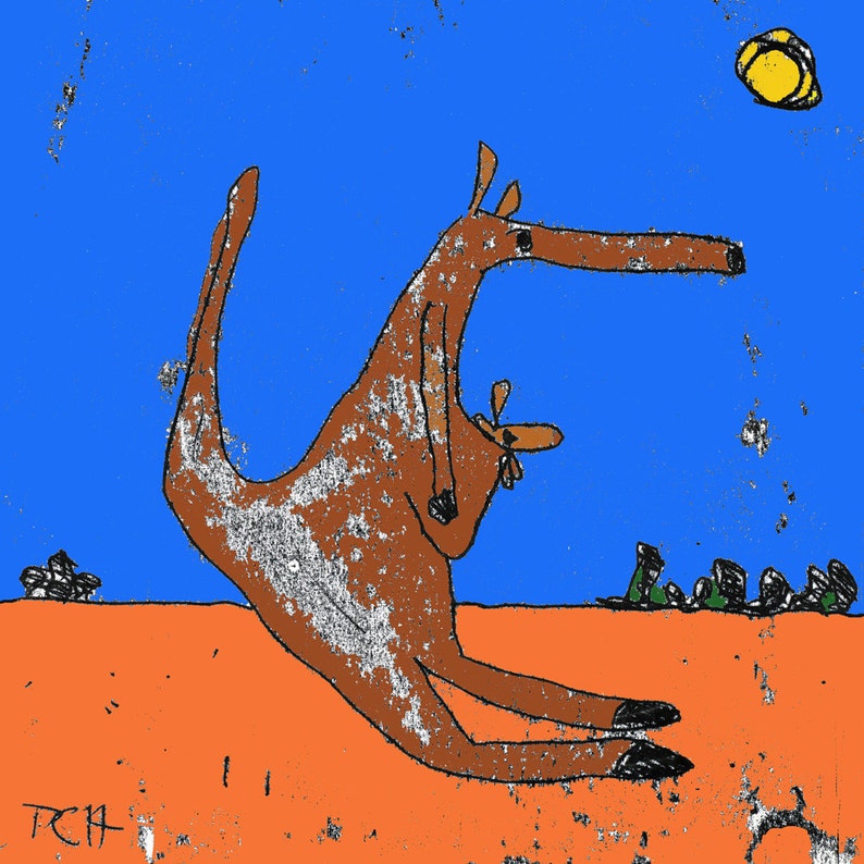 May include: A cartoon illustration of a brown kangaroo with a joey in its pouch. The kangaroo is standing on a bright orange surface with a blue sky and a yellow sun in the background.