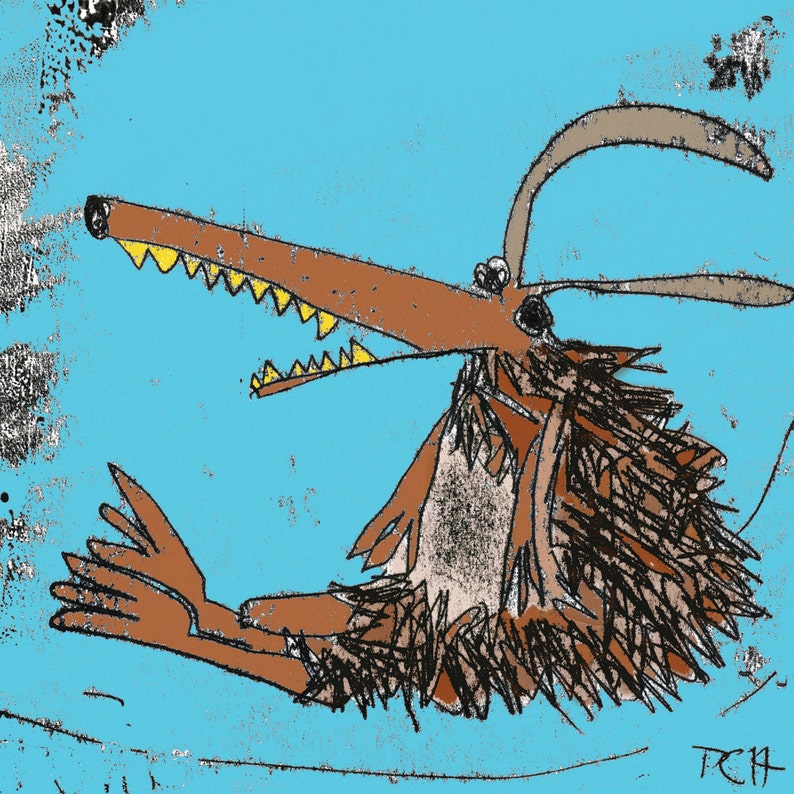 May include: A cartoon illustration of a brown wolf with a yellow mouth and teeth, against a blue background. The wolf has a long snout and a bushy tail. The wolf is looking to the right and has its mouth open.