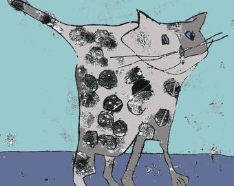 Cat print, gift for cat lover, cat drawing, british blue cat, cat theme, nursery decor, pussy cat, cute cat, cat with spots, cartoon cat