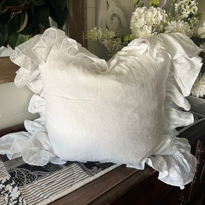 100% washed white linen pillow cover with hemmed edge ruffle