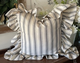 Cream and black stripe pillow cover with hemmed edge ruffle