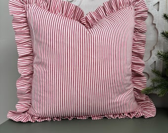 Red and white ticking with folded ruffle