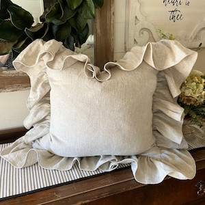 Natural Mix 100% Linen Ruffled pillow cover with extra long hemmed linen ruffle