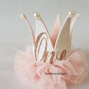 First Birthday Crown: White Glitter, Baby Pink Tulle, Pearl - Photo Prop