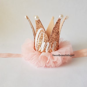 First birthday crown, 1st birthday photo, baby girl crown, peach pink tulle, Rose gold crown