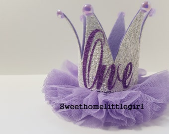 Lavender Tulle 1st Birthday Crown: White Glitter, Pearl Accent