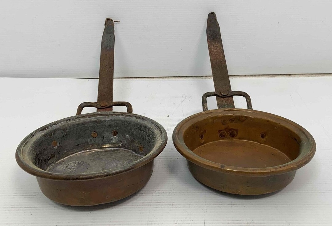 Vintage Cookware Set of 2 Metal copper / Brass / Iron Long Handle