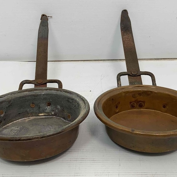 Vintage Cookware - Set Of 2 Metal (Copper / Brass / Iron?))  Long Handle Frying Pan - Great patina - For Use or as Decor!