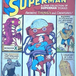 May include: Vintage Superman comic book cover featuring Superman battling a robotic creature with tentacles. The cover includes the text "80 pg. Giant Superman" and various panels showcasing other creatures and characters.