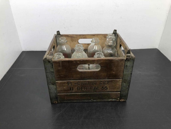 Vintage Wooden Milk Crate & 7 Bottle Collection - El Camino