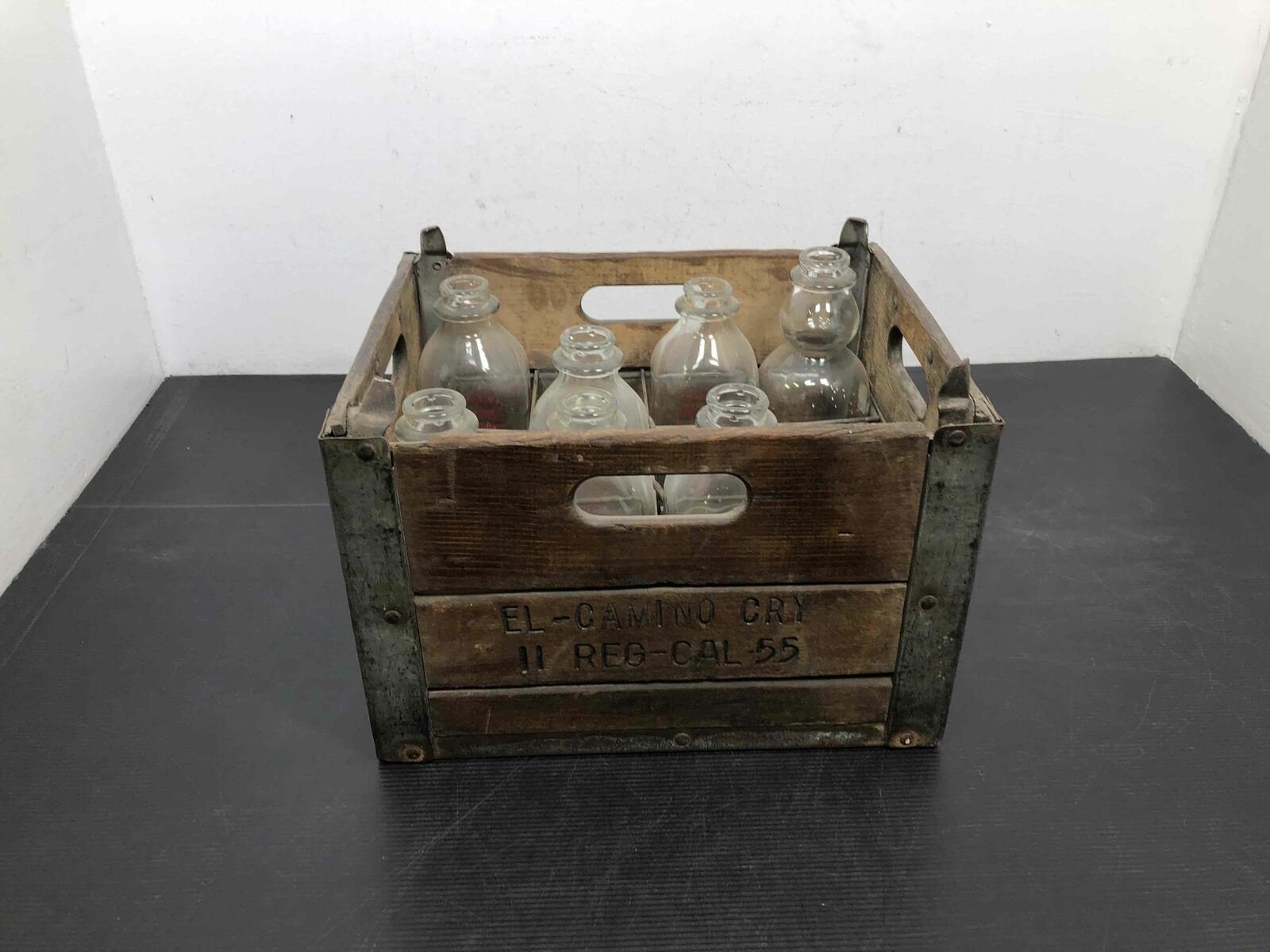 Vintage Wooden Milk Crate & 7 Bottle Collection - El Camino