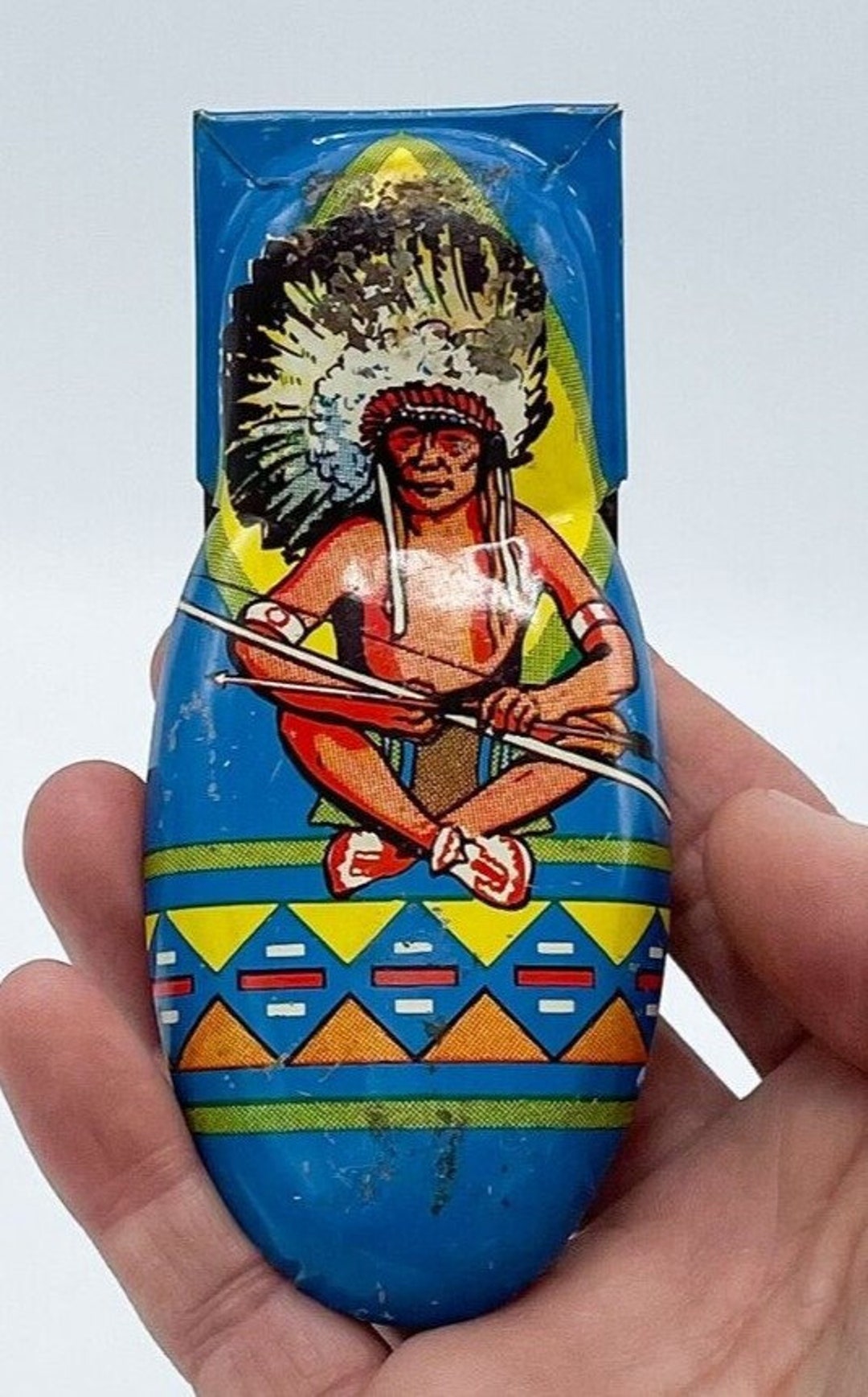 Vintage Noise Maker Kirchhof Tin Metal Clicker INDIAN CHIEF Toy Circa