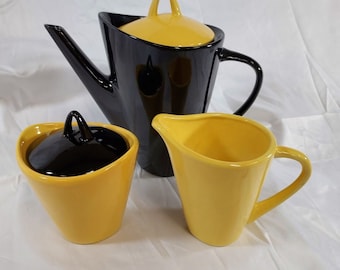 Mid Century Modern, Scandinavian Style Black and Yellow Coffee Service, 3pc Set - In LIKE NEW Condition!