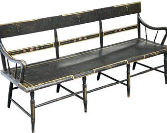 Antique Hitchcock Plank Seat Bench w/ a high back splat with a spindle design - 70 x 20 x 34 - w/ History! **PICKUP ONLY!**