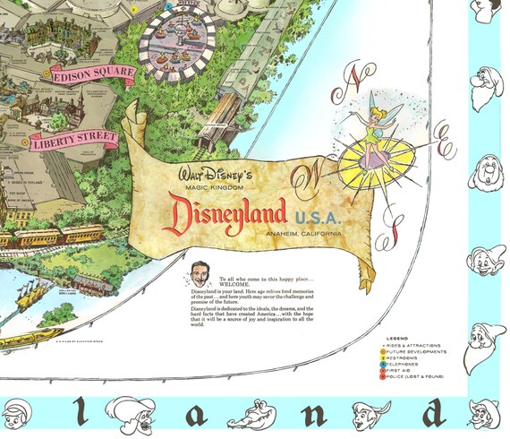 Disneyland 1962 Hand-retouched Vintage Cartoon Map Print (not