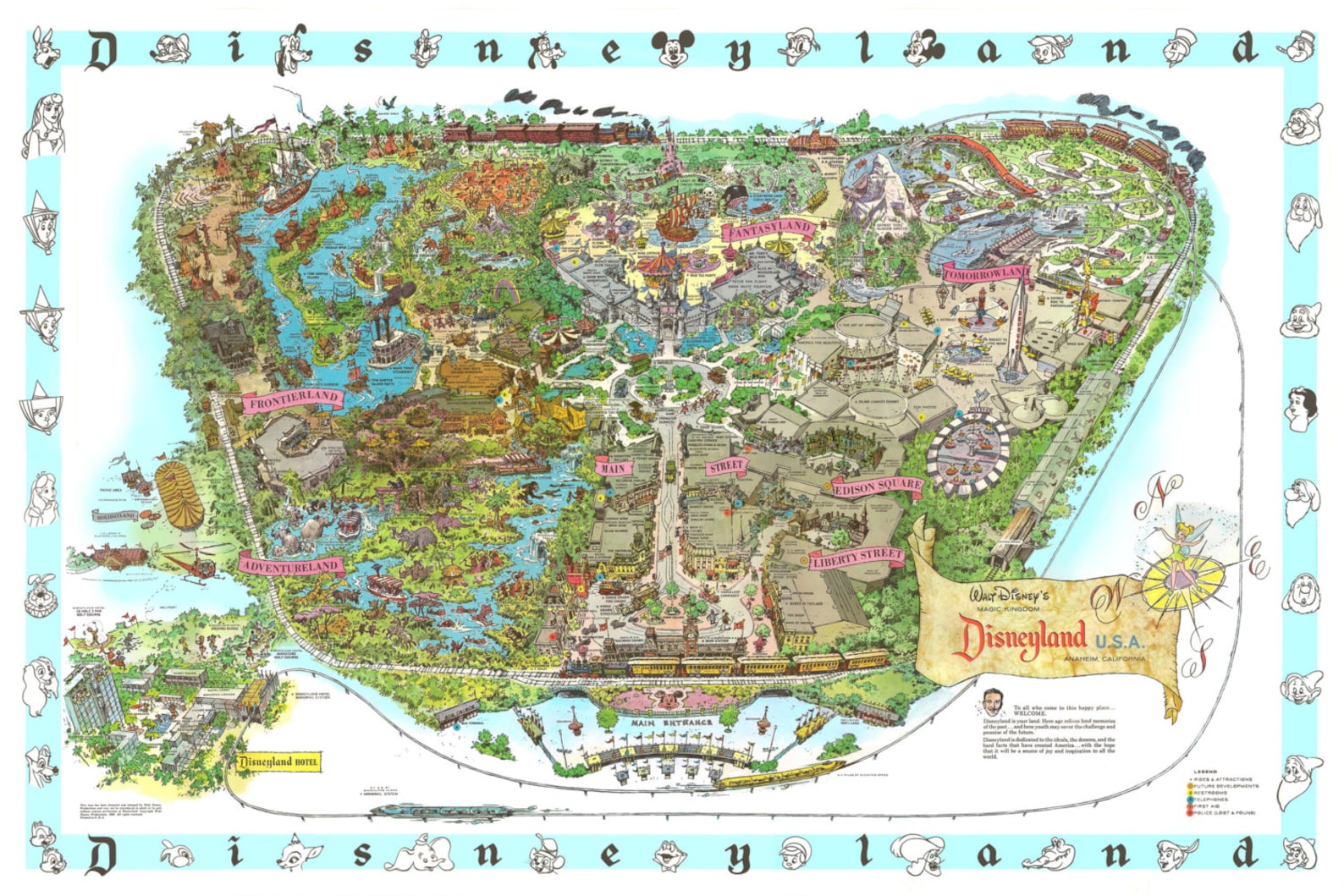 disneyland 1962 hand retouched vintage cartoon map print