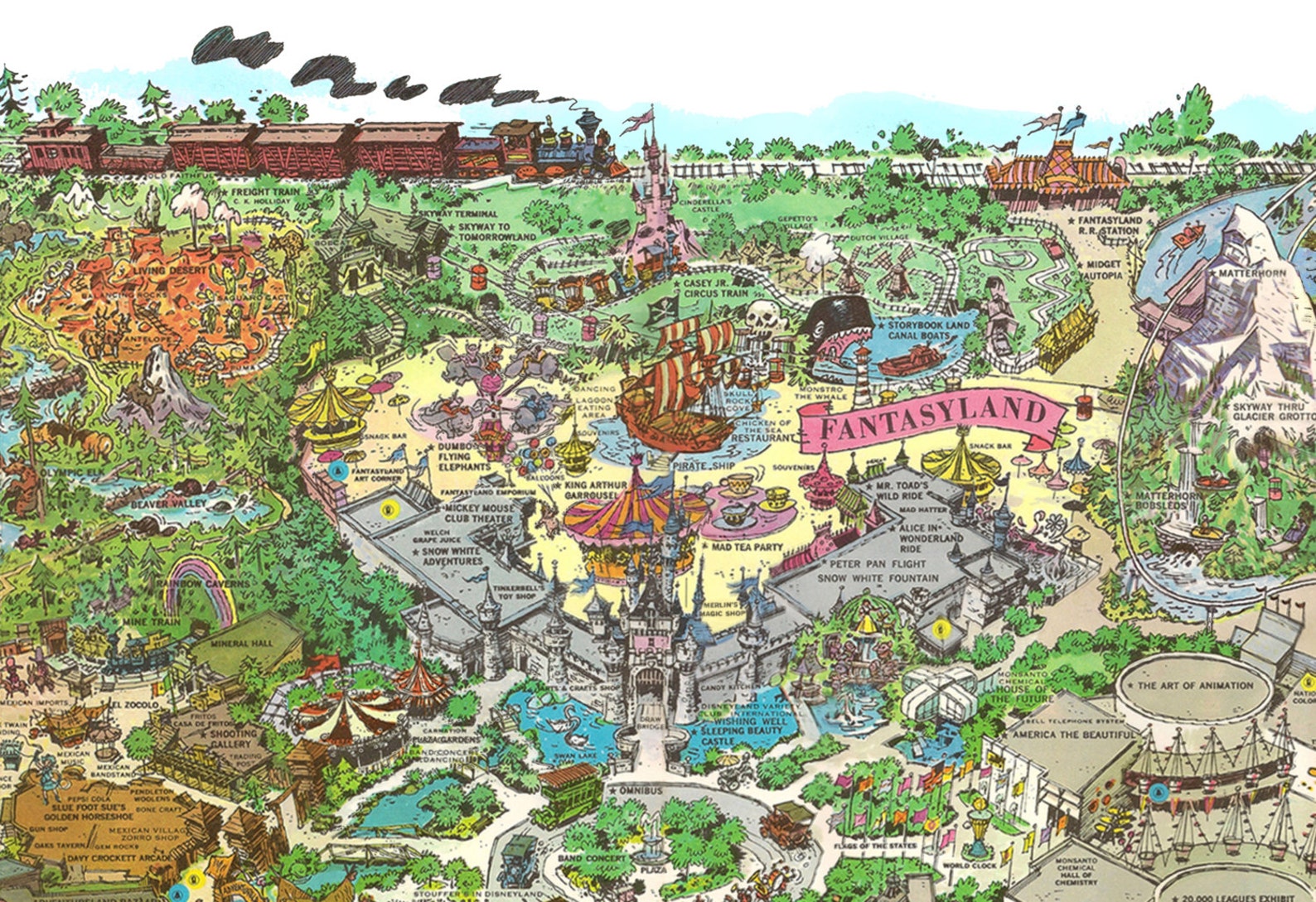 disneyland 1962 hand retouched vintage cartoon map print