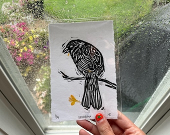 Handprinted Sparrow Linocut Print - Bird Art, Flower Petals (4x6)