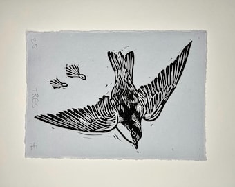 Tree Swallow Linocut Print – Handprinted Avian Art on Cotton Paper