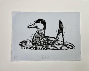 Handgedruckter graubrauner Linoldruck – Vogelkunst auf Baumwollpapier